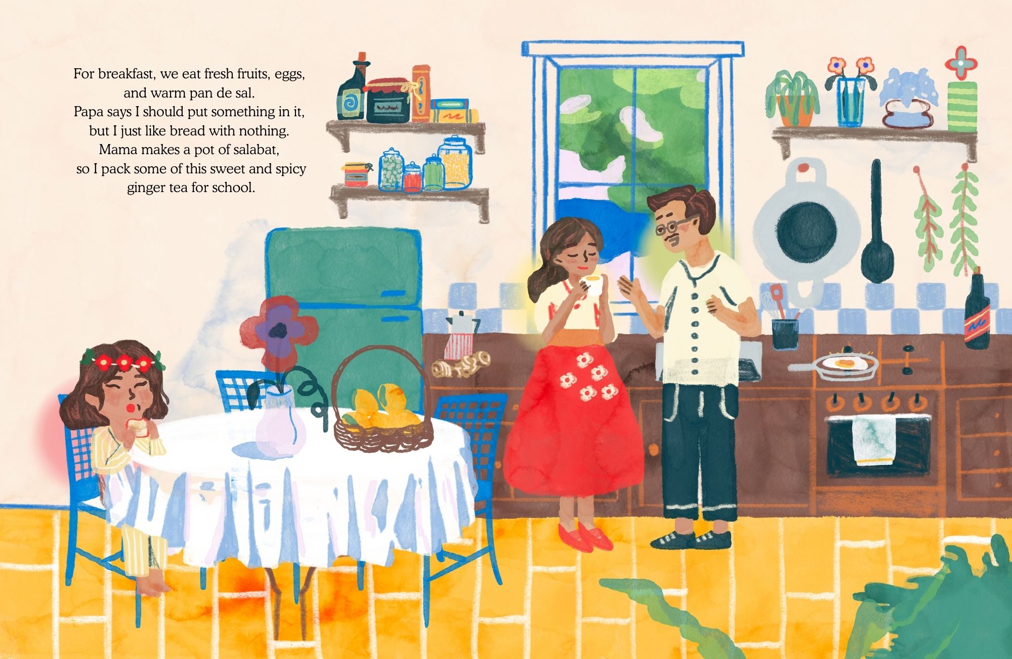 Breakfast with pan de sal, mangoes, salabat